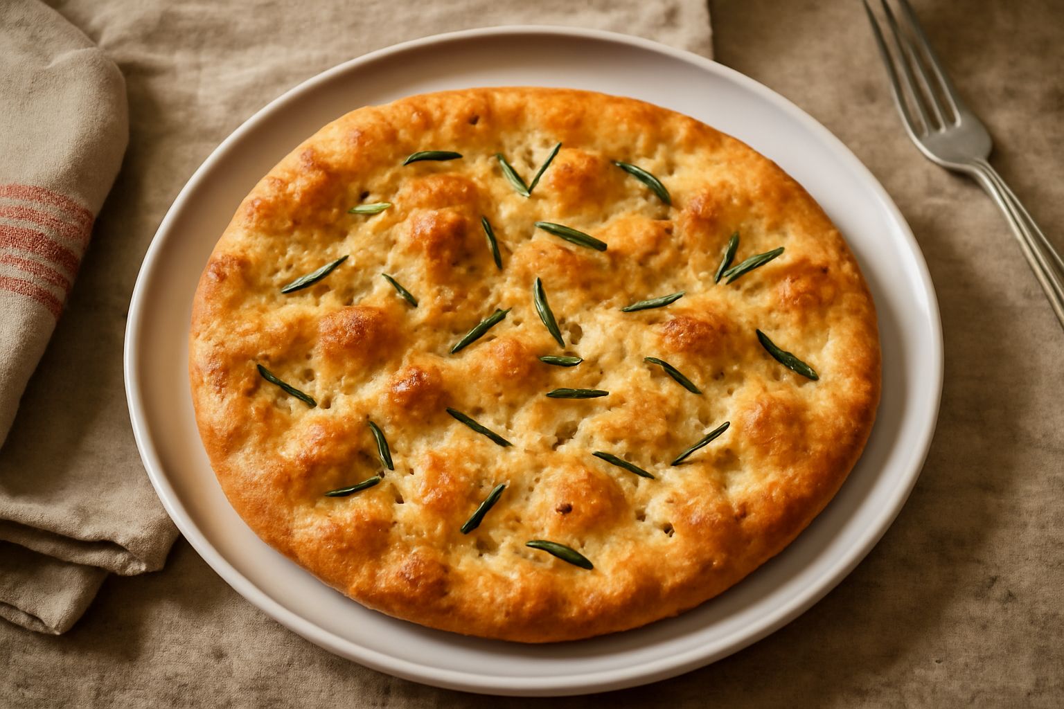 Schiacciata toscana veneta dorata croccante in una ciotola di terracotta, cosparsa di sale grosso e rosmarino fresco, con un filo d'olio che luccica in superficie