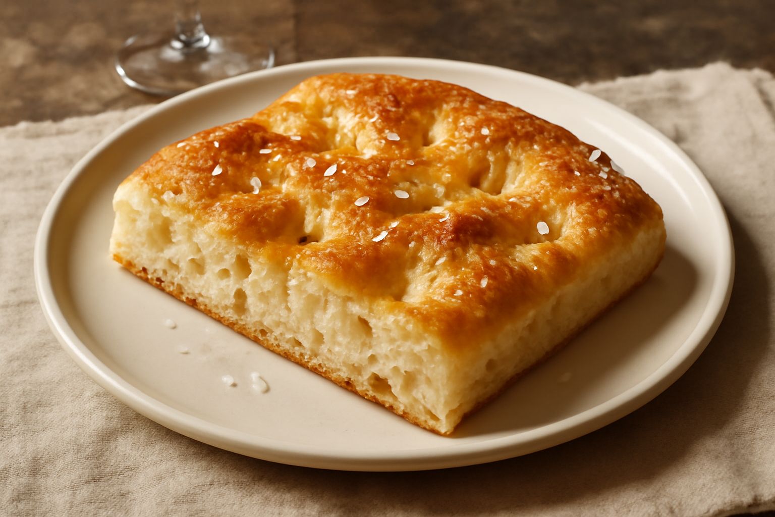 Schiacciata veneta dorata in piatto bianco, superficie cosparsa di grossi cristalli di sale marino, tagliata a quadrati, crumb morbido e occhiuto visibile in sezione, vapore leggero ancora presente