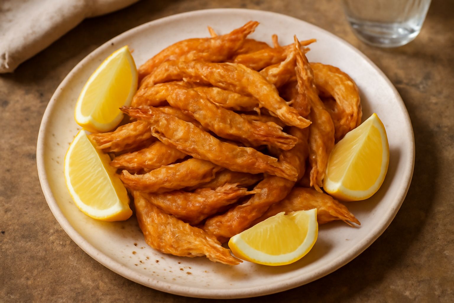 Piatto bianco con schie fritte dorate, croccanti e brillanti di olio, con fettine di limone giallo accanto e prezzemolo fresco tritato spargliato sopra