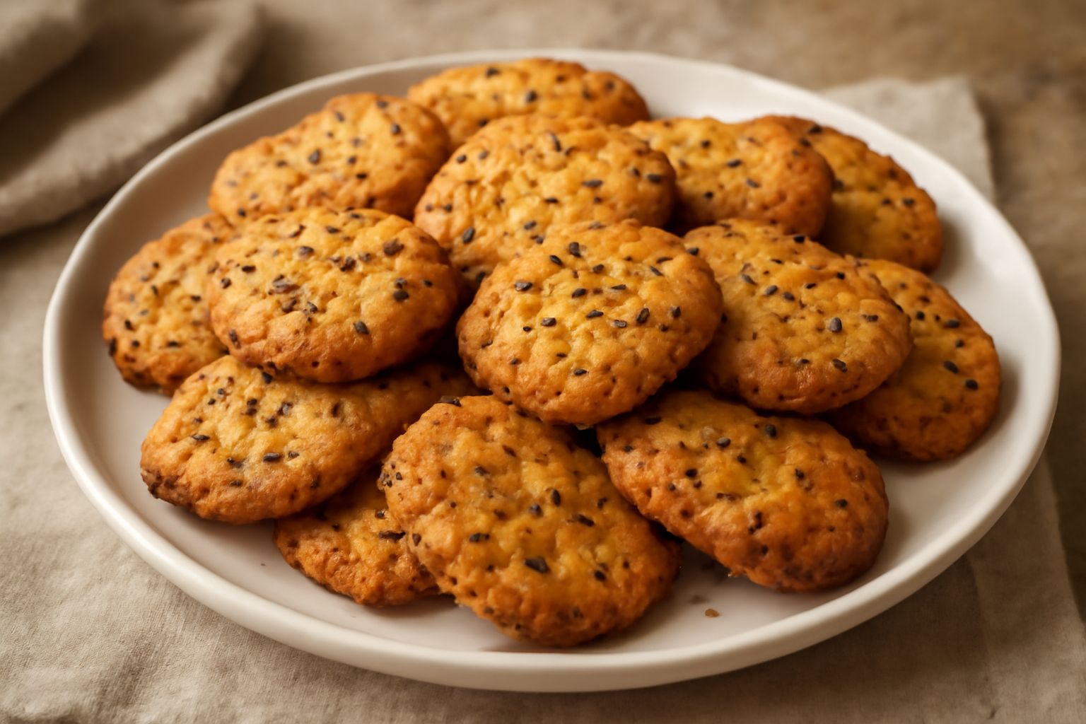 Schiacciatelle dorate e croccanti su un piatto bianco, con semi di anice visibili in superficie e sfoglie leggermente piegate, accompagnate da una tazza di caffè