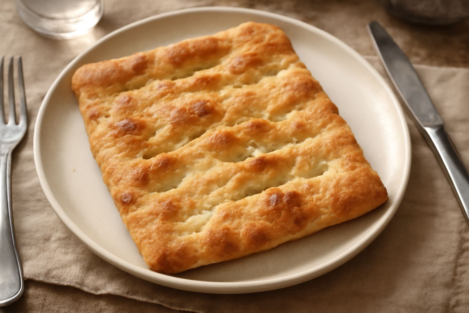 Schiacciatina appena sfornata, rettangolare e piatta, con superficie dorata e grillature, granelli di sale grosso visibili, olio trasparente che brilla, su un piatto bianco con uno strappo di forma ir