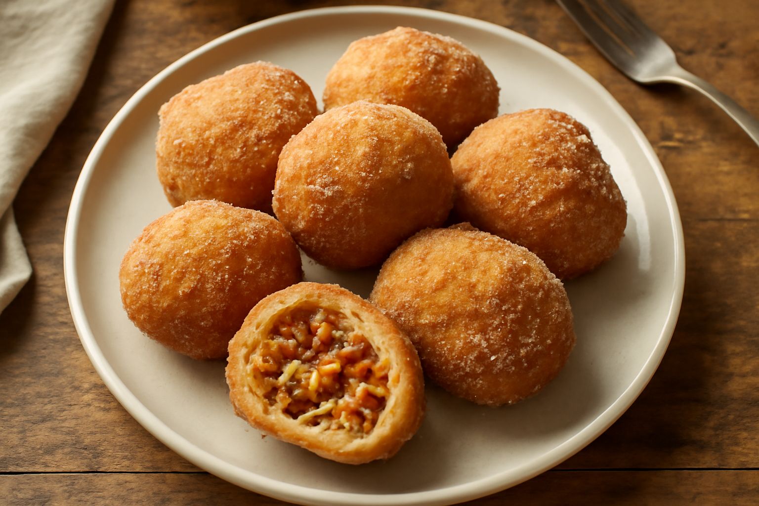 Schiaffoni irpini dorati e croccanti su un piatto bianco, ricoperti di granella di zucchero, con canditi visibili nel ripieno, accanto a una tazza di caffè