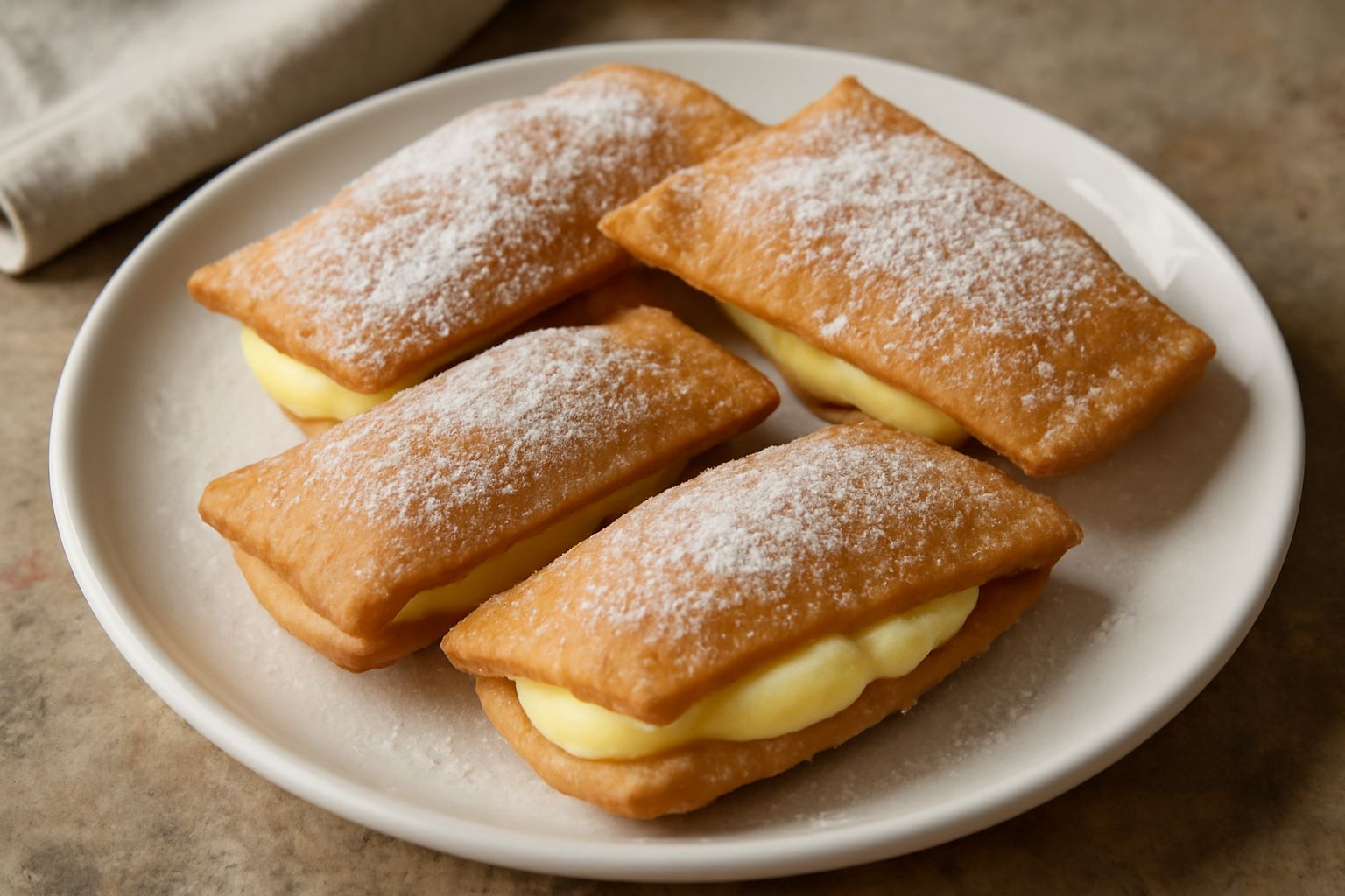 Schiaffoni dorati appena fritti disposti su carta assorbente bianca, spolverati di zucchero semolato, con una ciotola di crema pasticcera sullo sfondo