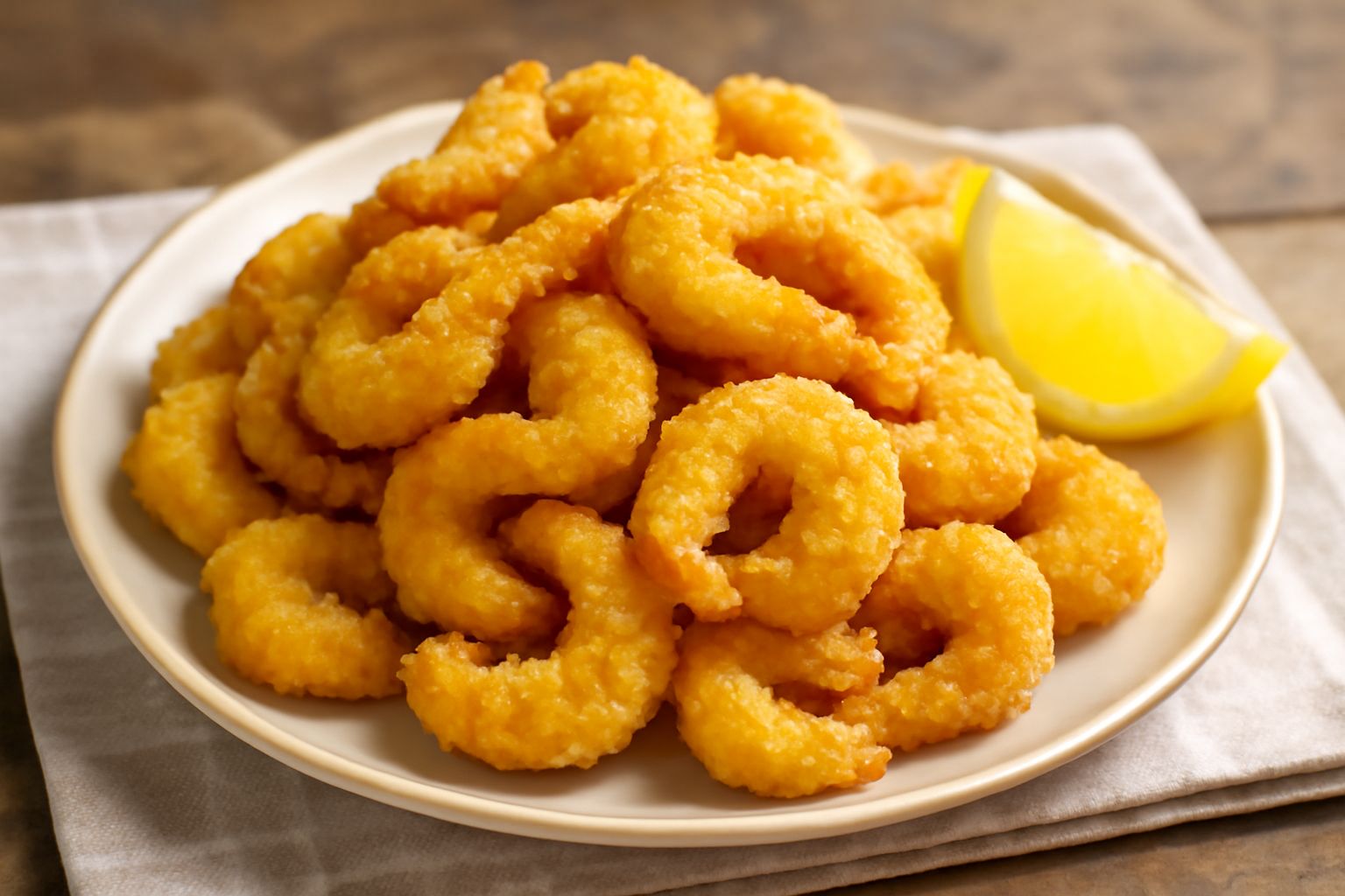 Schie fritte dorate e croccanti disposte su un piatto bianco, leggermente fredde, con una leggera patina di sale marino grosso e accanto una fetta di limone