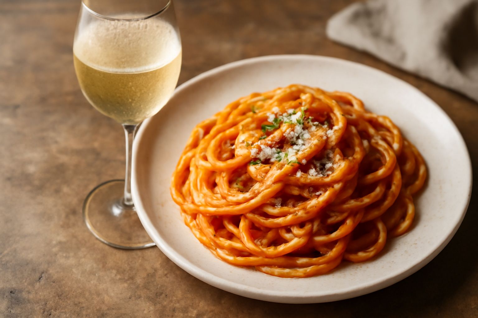 Bicchiere di schioppettino friulano con leggera effervescenza, colore giallo paglierino, servito con grappoli d'uva bianca e foglie di vite sullo sfondo