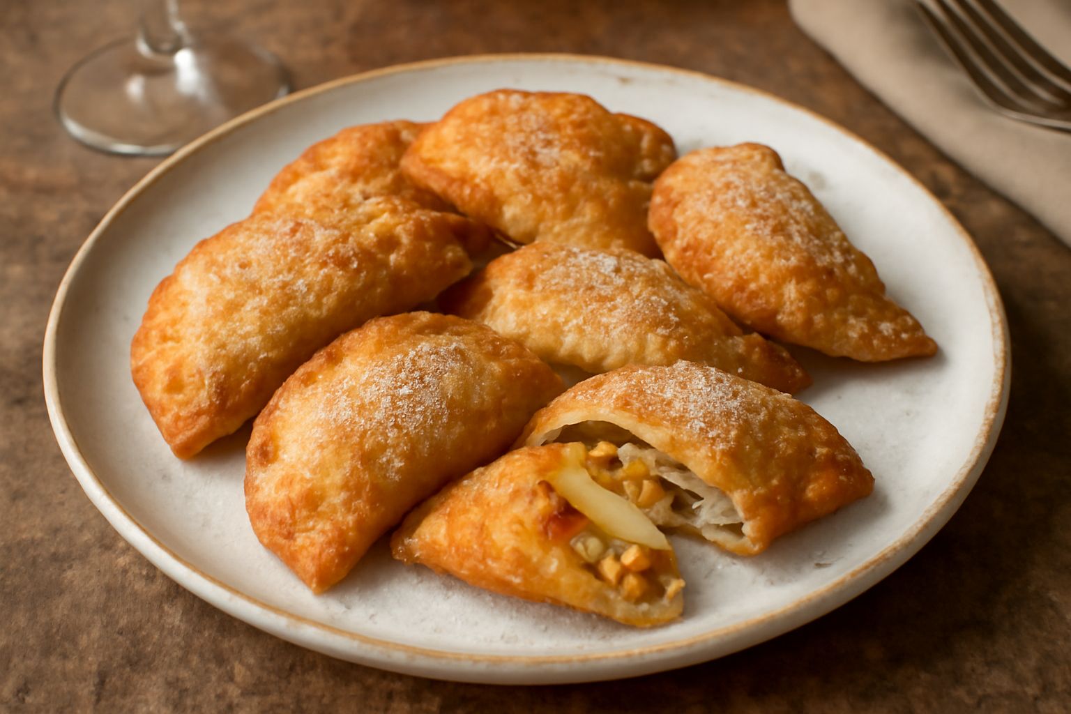 Schlutzkrapfen dorati e croccanti impiattati su un piatto bianco, spolverati di zucchero a velo, con dentro visibile il ripieno di mele e frutta secca leggermente caramellata
