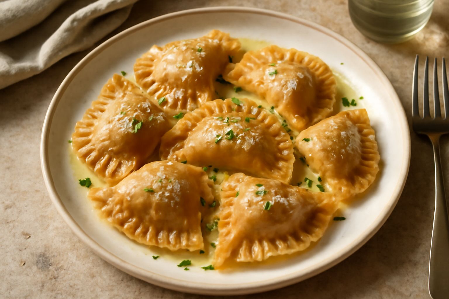 Quattro schlutzkrapfen color marrone dorato su piatto bianco, ricoperti di burro fuso brillante e parmigiano grattugiato, con una foglia di prezzemolo fresco a lato