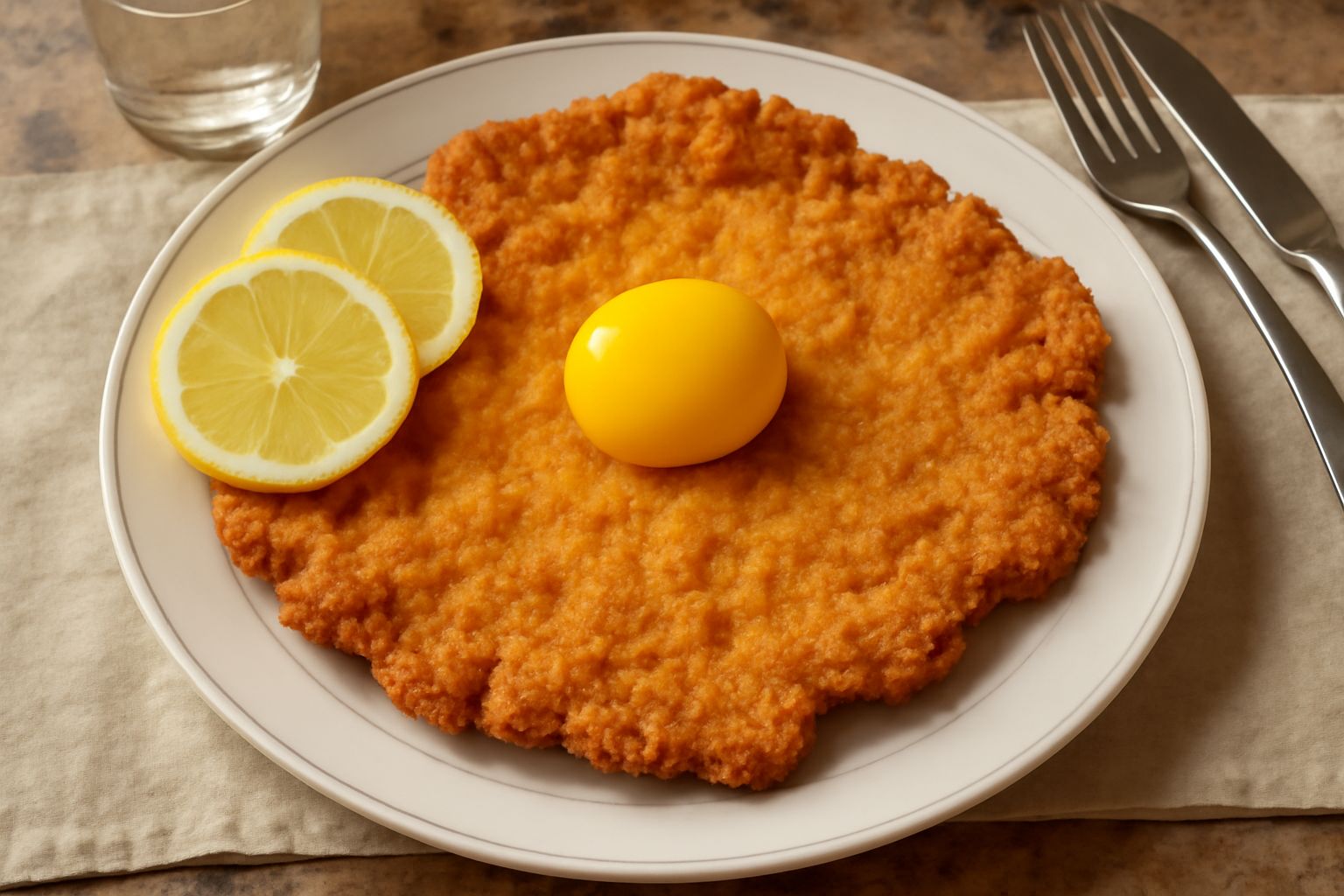 Una cotoletta dorata impanata servita in un piatto bianco, condita con limone fresco affettato e un tuorlo d'uovo sodo al centro, con contorno di insalata verde
