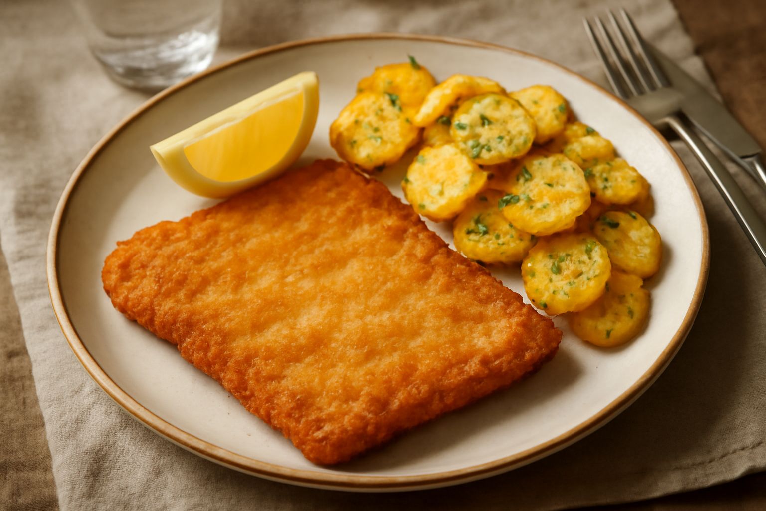 Schnitzel tirolese dorato e croccante in un piatto bianco, guarnito con spicchi di limone fresco e prezzemolo, con contorno di patate dorate sfumate di rosso dalla paprica