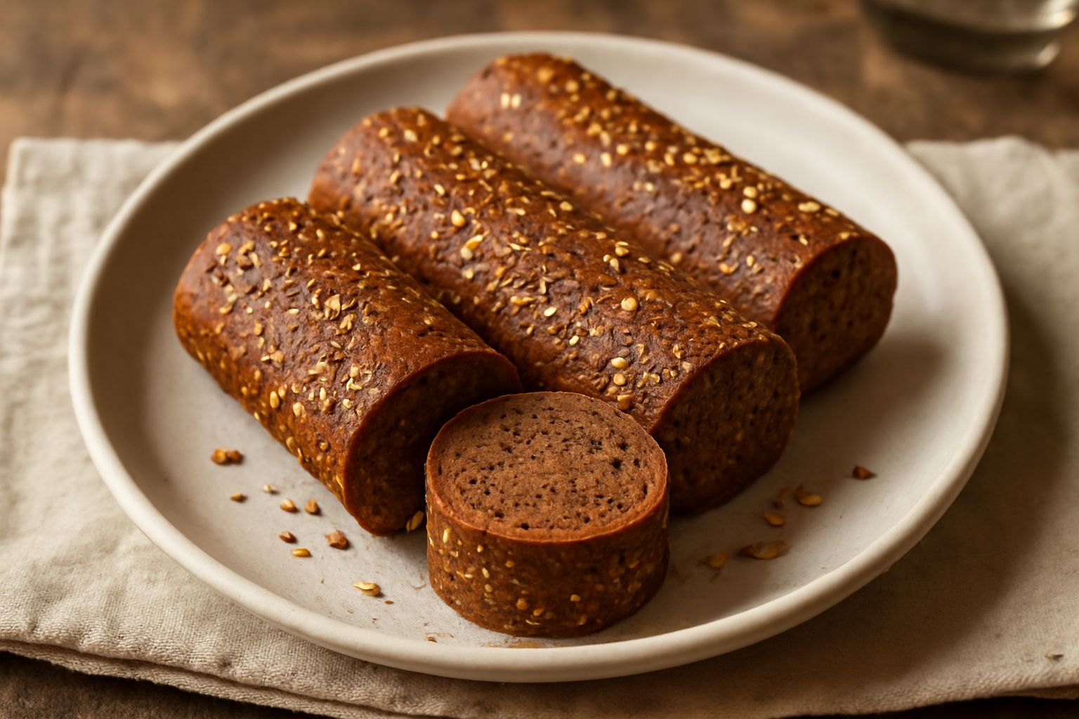 Schüttelbrot tagliato a fette diagonal, color marrone scuro dorato, con visibili semi di sesamo, cumino e finocchio, disposto su una tavola di legno con accanto sale marino grosso