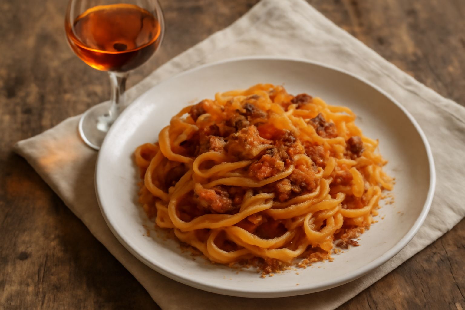 Calice di vetro con vino sciacchetrà di colore ambrato profondo, contorni sfocati di bottiglie di vino e bicchieri su tavolo di legno scuro con luce naturale calda