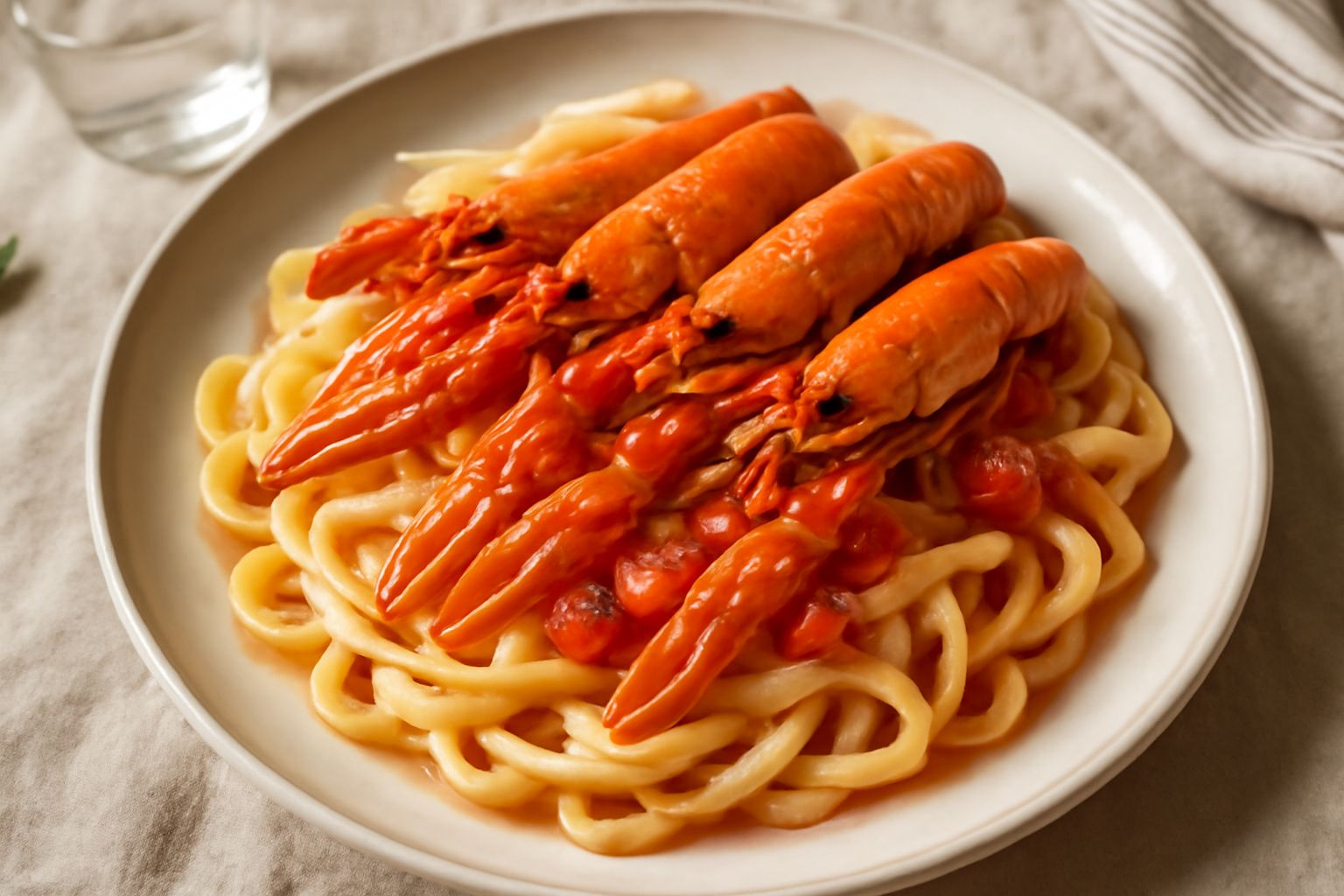 Piatto bianco con scialatielli ondulati color crema, quattro scampi interi rossi in evidenza sopra la pasta, salsa rosso chiaro con pomodorini spaccati, prezzemolo fresco verde, olio lucido in superfi