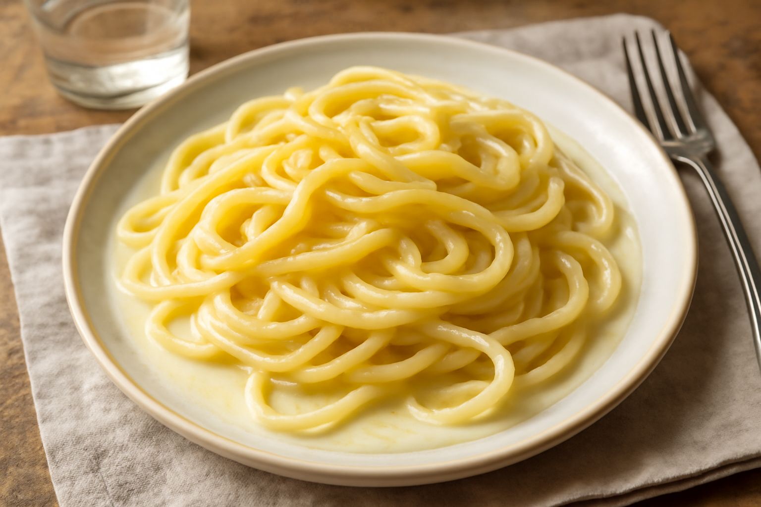 Scialatielli al limone in un piatto bianco: pasta sottile giallo pallido ondulata, con gocce di olio lucido in superficie, scorza di limone grattugiata sopra e una fogliolina di menta fresca decorativ