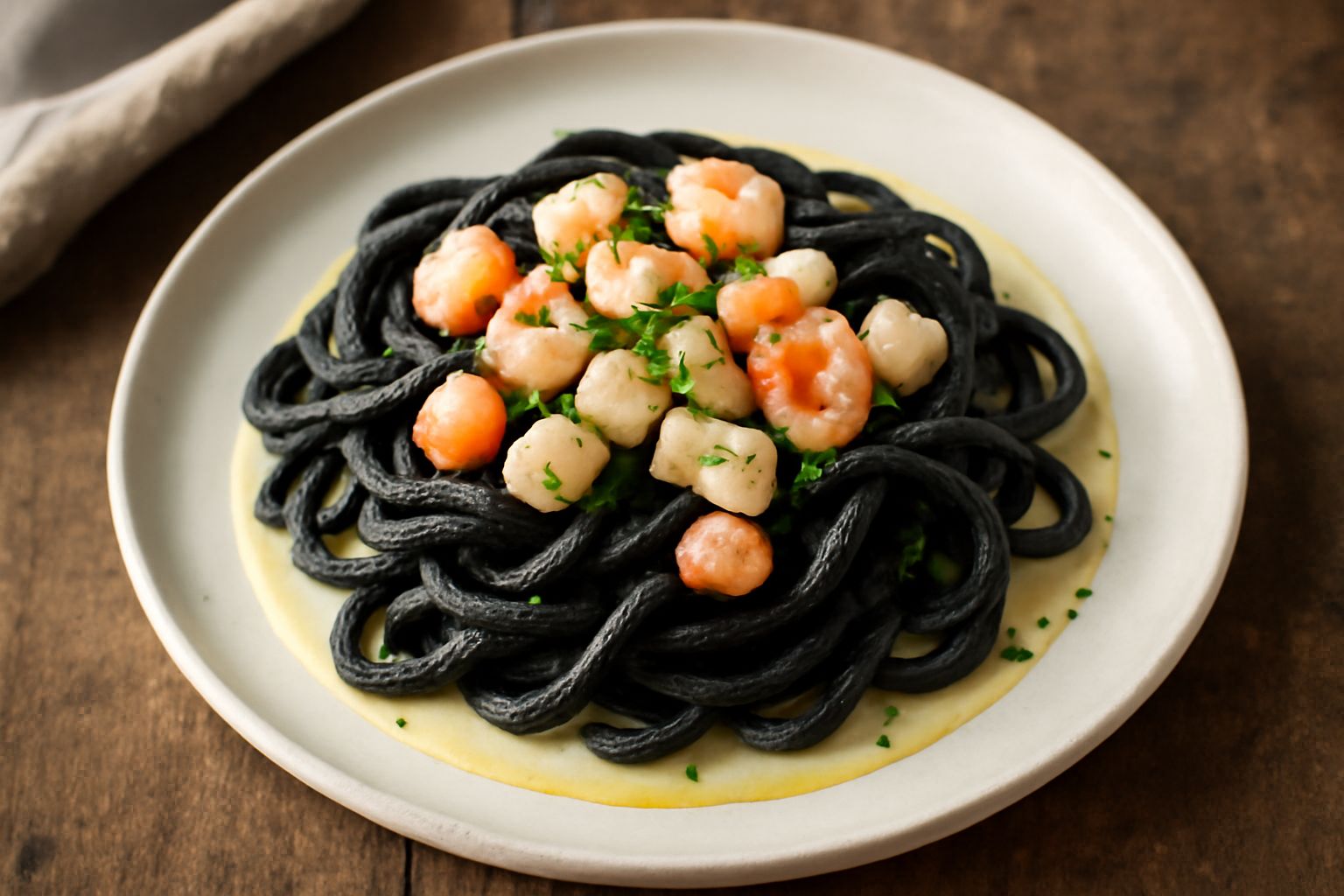 Piatto di scialatielli neri di seppia serviti in un piatto bianco profondo, conditi con seppia a pezzetti, prezzemolo verde e gocce di olio d'oliva, con limone fresco a fette sulla tovaglia