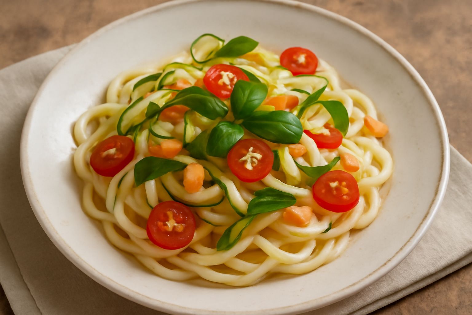Piatto di scialatielli freddi bianchi ondulati conditi con zucchine tagliate a strisce, ciliegini rossi, basilico verde fresco, mandorle tagliate e un filo di olio verde scuro, serviti su un piatto bi