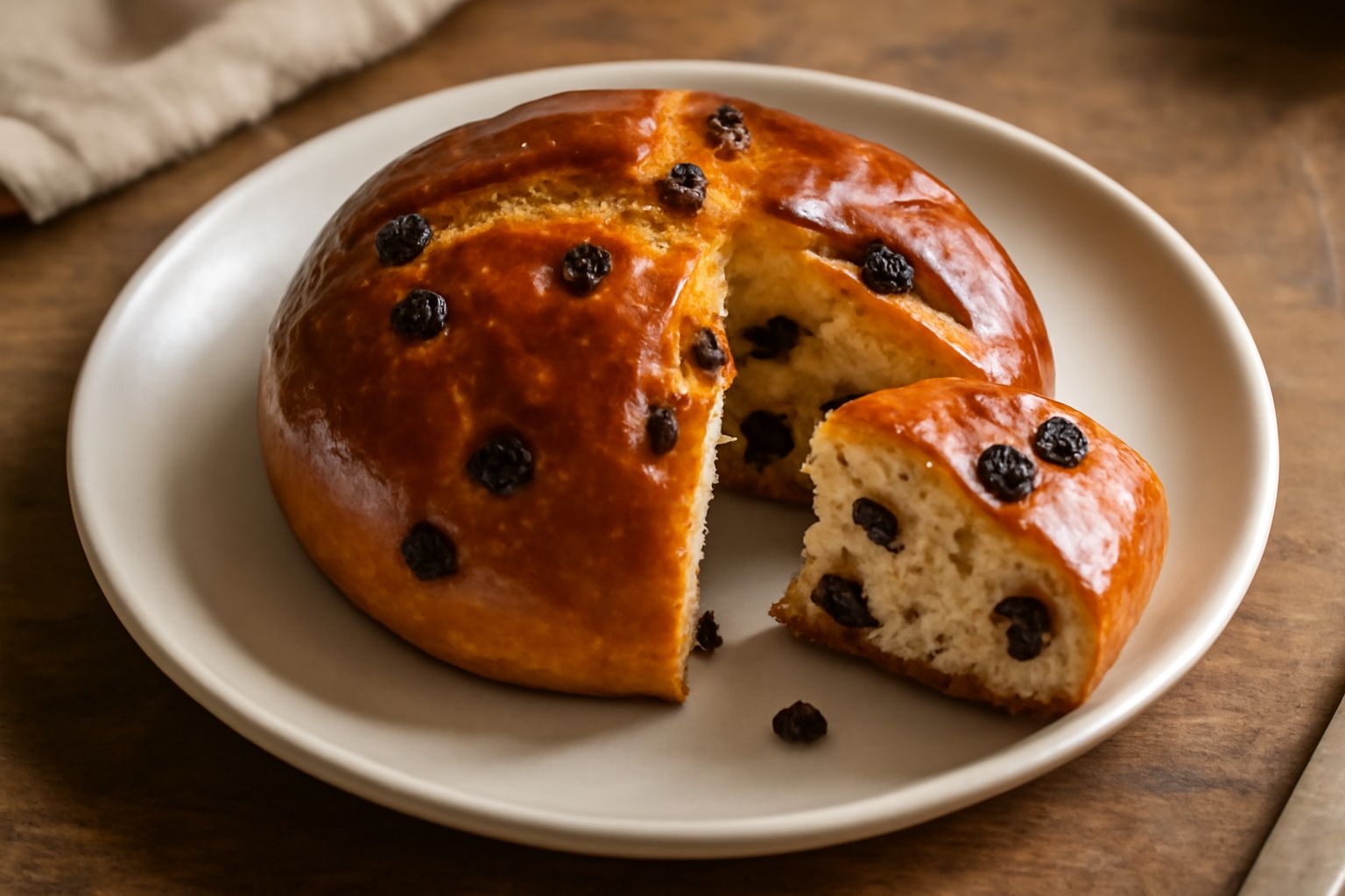 Pane dolce scialet di colore dorato con uvetta scura e pinoli in superficie, fetta tagliata che mostra la mollica morbida, poggiato su tela di lino bianca con una tazza di tè in sottofondo