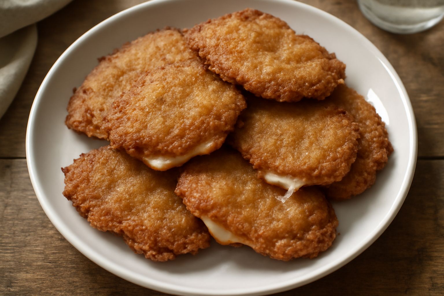 Sciatt dorati e croccanti impilati su un piatto bianco, formaggio filante visibile tra i due strati di pasta, bordi bruniti, superficie ruvida e friabile, vapore leggero che sale