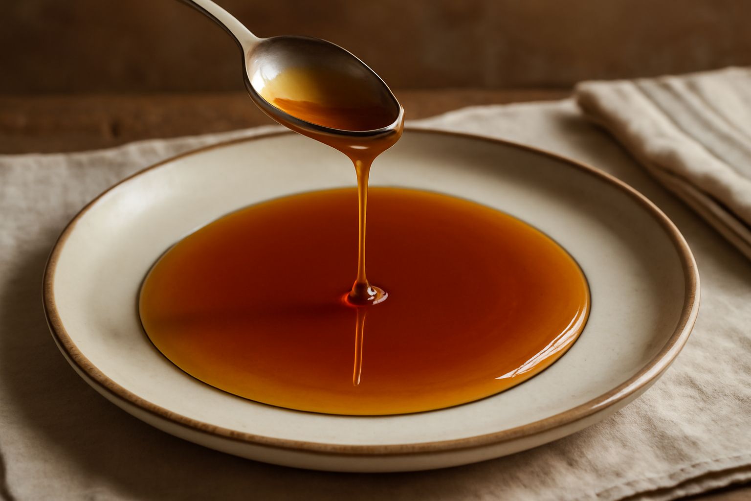 Sciroppo d'acero ambrato versato da una brocca di vetro in un piccolo recipiente, con riflessi dorati alla luce naturale e sfondo sfumato beige