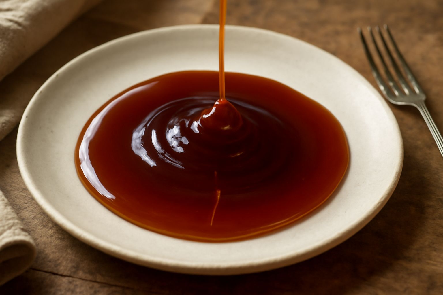 Sciroppo di giuggiola ambrato e lucido versato in un bicchiere, con giuggiole fresche arancioni e verdi sullo sfondo, accanto a un cucchiaio di legno bagnato di sciroppo