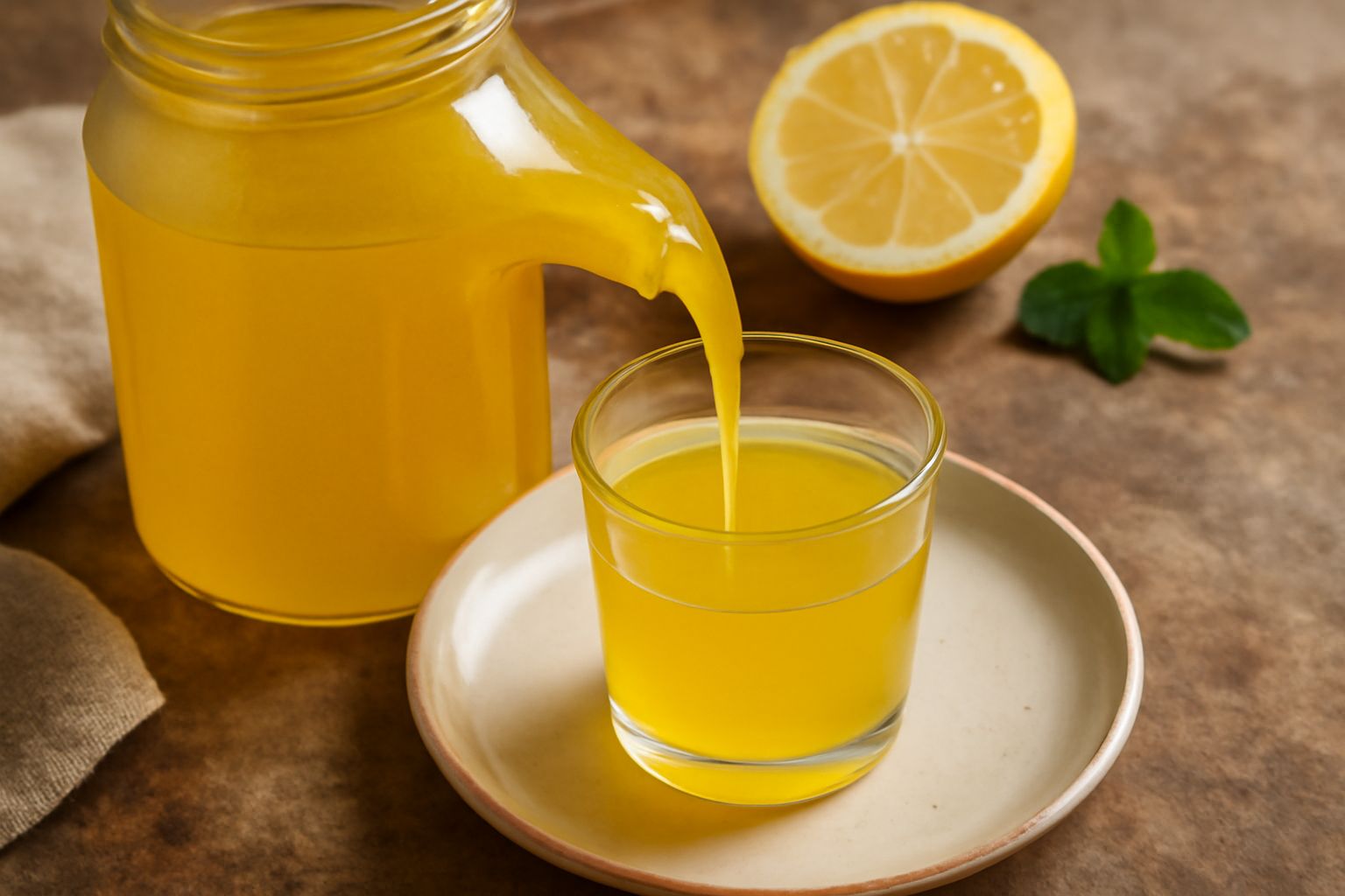 Sciroppo di limone trasparente e giallo paglierino in un barattolo di vetro, con tre limoni gialli freschi accanto e un cucchiaio di legno che raccoglie il liquido denso e lucido
