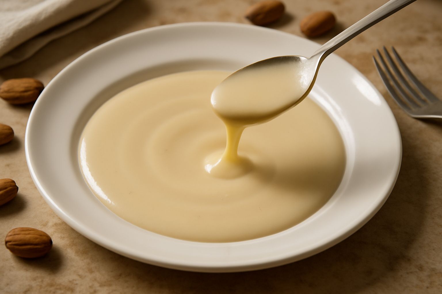 Sciroppo di mandorla color crema chiaro in un barattolo di vetro, con un cucchiaio in legno che mostra la consistenza densa e fluida, circondato da mandorle intere sgusciate su un tavolo bianco