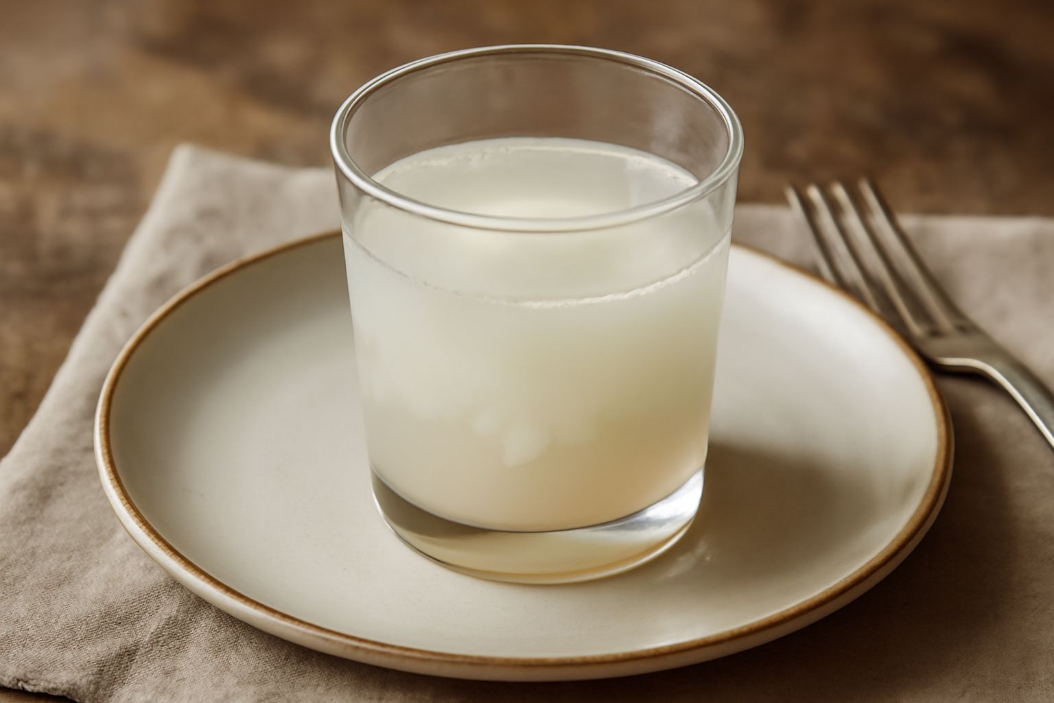 Sciroppo di orzata di colore bianco latte in un bicchiere di vetro con cucchiaio, sfondo bianco, texture cremosa visibile