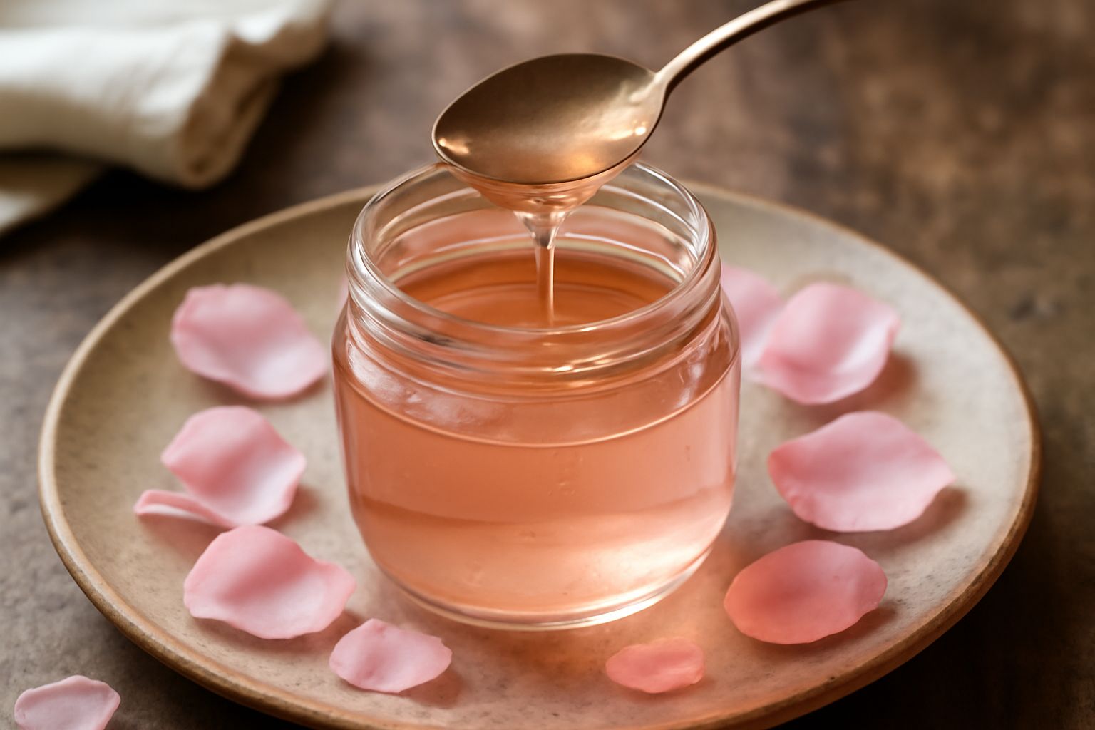 Barattolo di vetro con sciroppo di rose color rosa pallido, accanto petali di rosa rossi freschi su una superficie di marmo bianco, cucchiaio d'argento con gocce di sciroppo trasparente