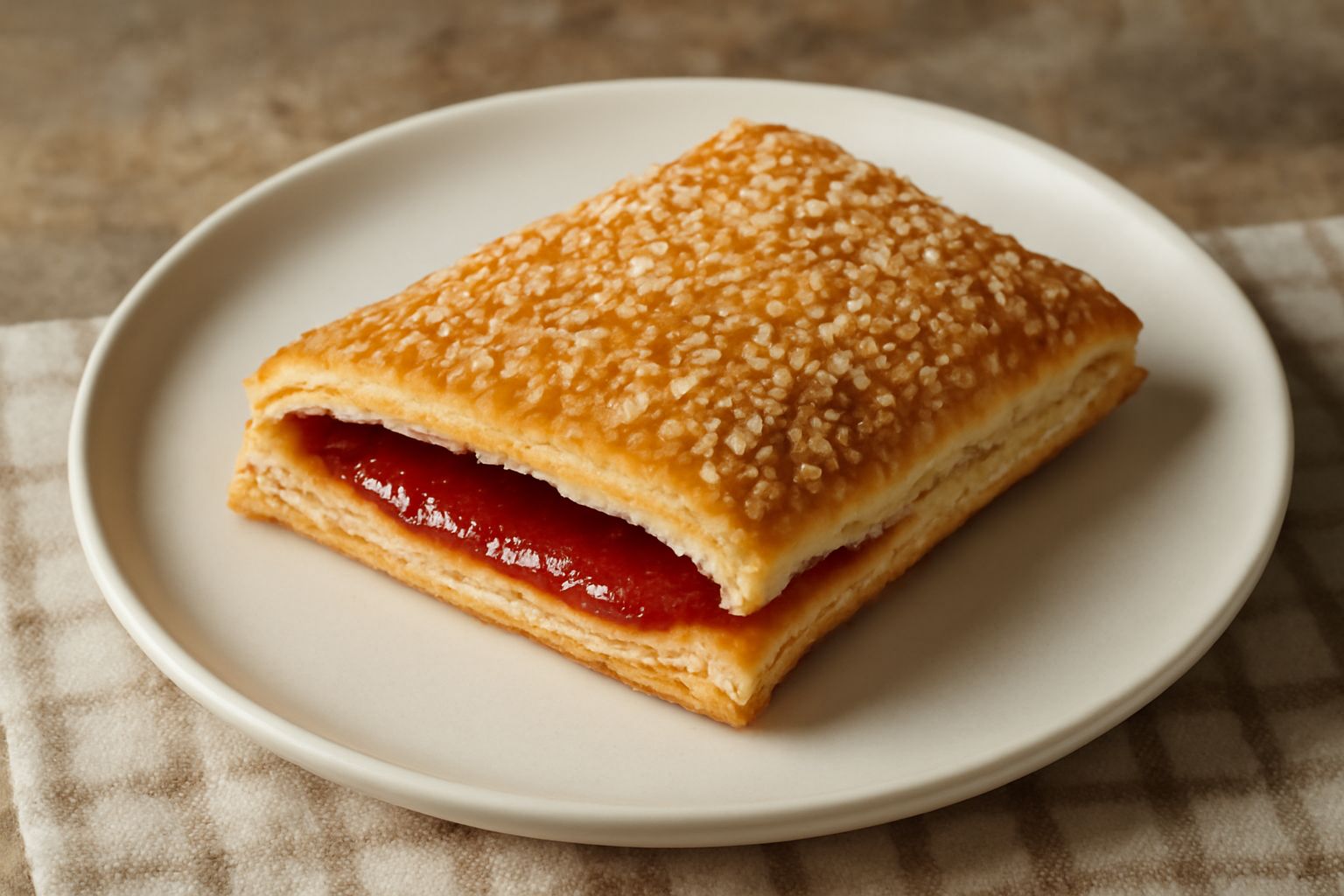 Scoppettiata appena sfornata su piatto bianco, rettangolo dorato croccante con zucchero caramellato scintillante sulla superficie, al taglio mostra il ripieno rosso di marmellata tra due strati di pas