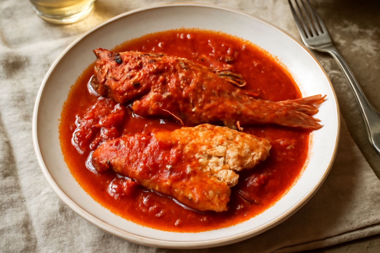 Scorfani interi dorati e cotti in umido dentro una pentola di terracotta, sommersi in sugo rosso di pomodoro con pomodorini, aglio e prezzemolo fresco, vapore leggero visibile sulla superficie