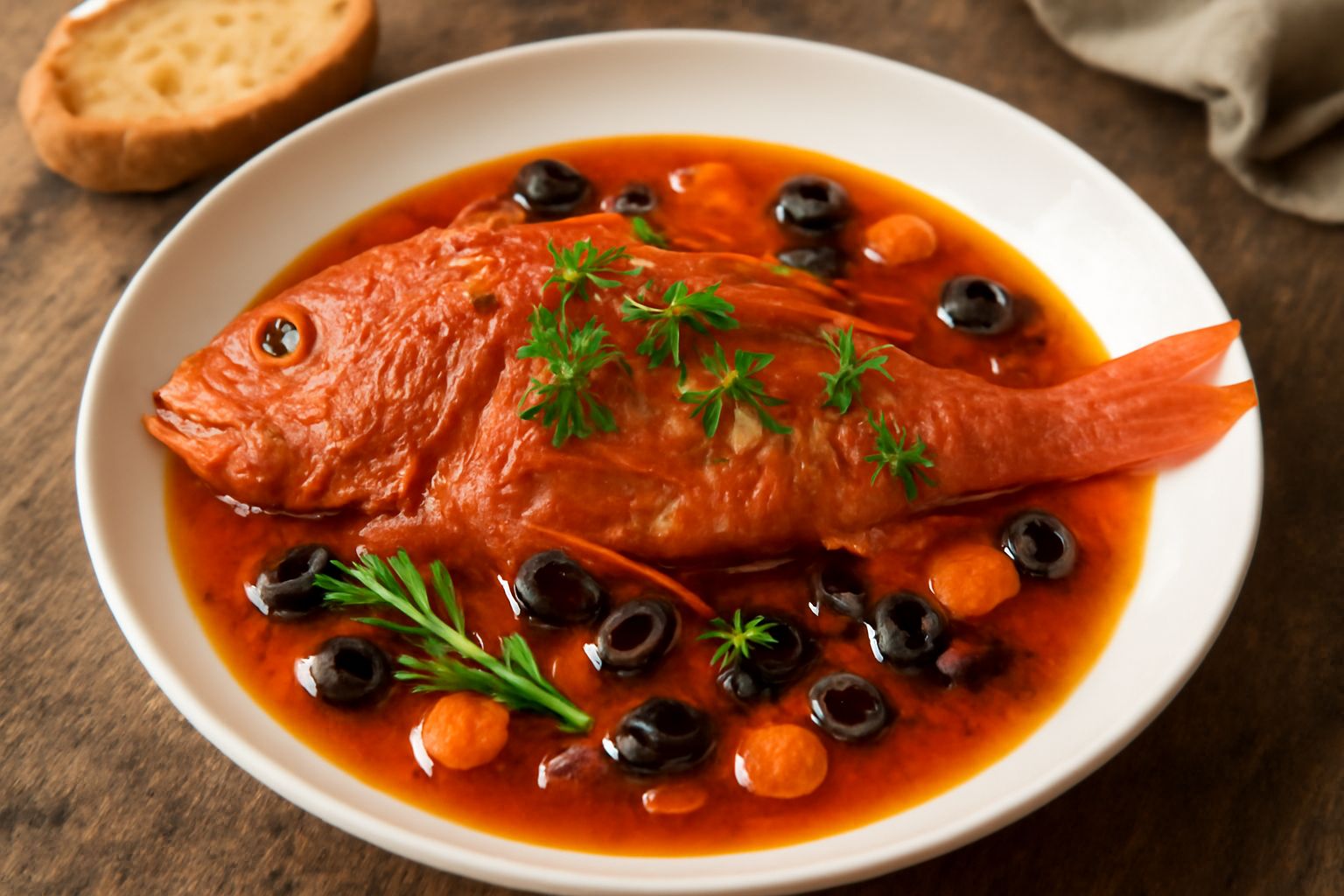 Scorfano intero rosso e spigoloso in umido, adagiato su un letto di salsa di pomodoro con olive nere brillanti, in un piatto bianco fondo con pane toscano sul bordo