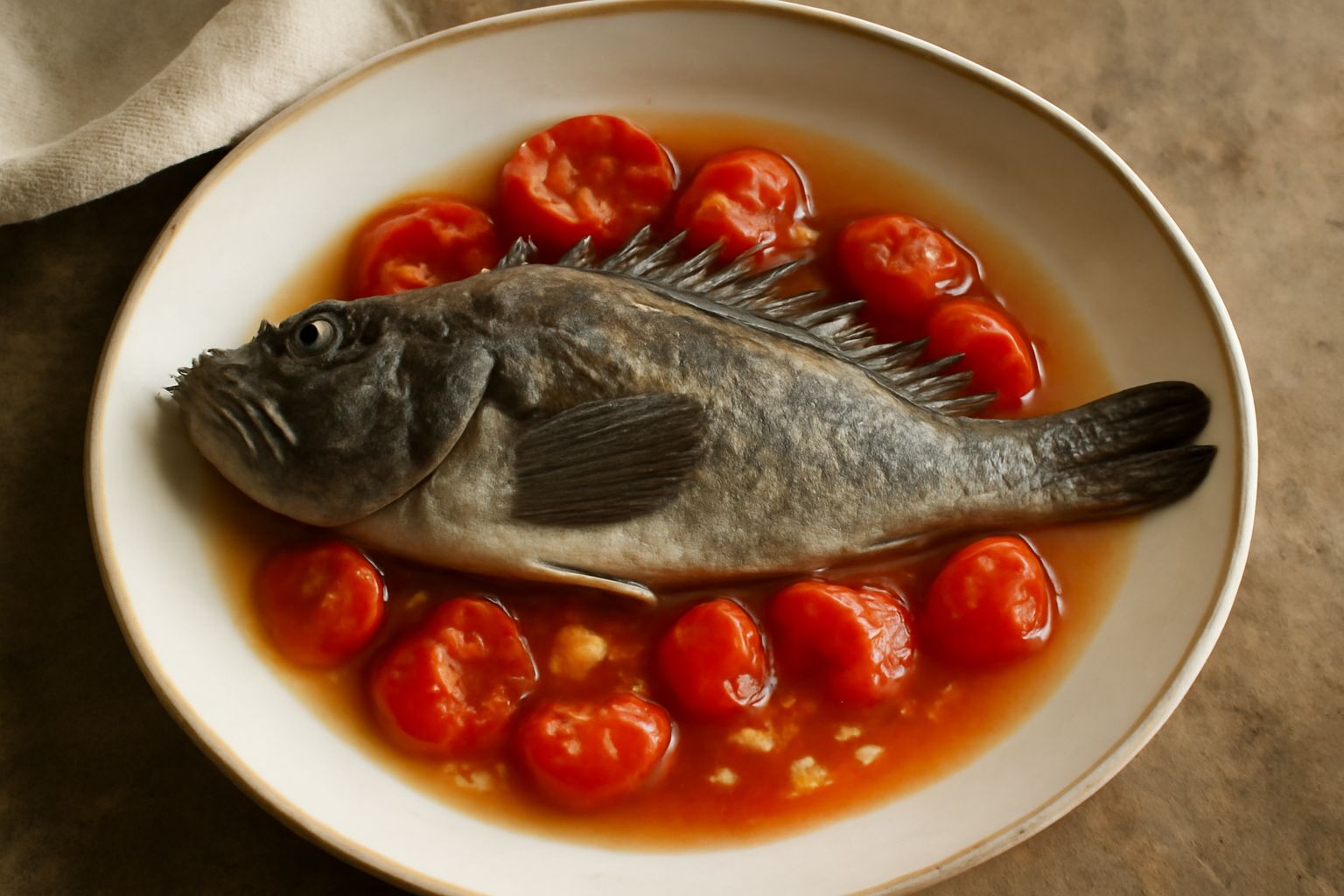 Scorfano intero in un piatto bianco in brodo rosso di pomodorini con aglio fresco, fette di pane tostato ai lati, prezzemolo verde fresco sparso, vapore leggero visibile