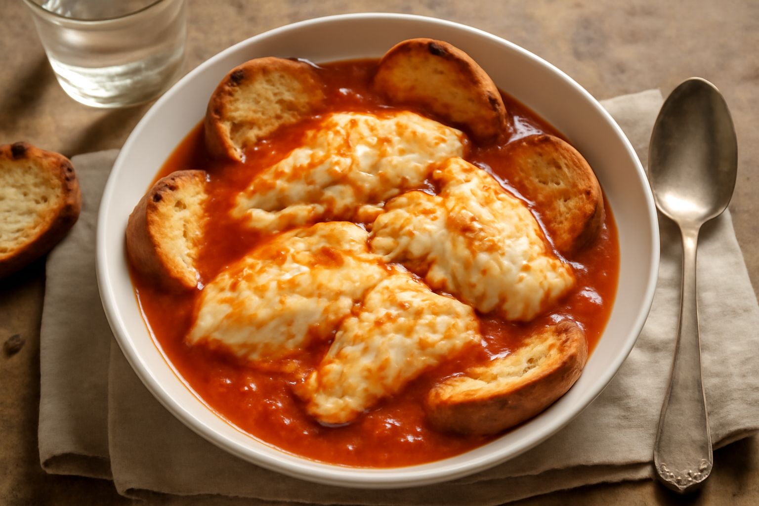 Scorfano brodettato in ciotola di ceramica bianca, con filetti di pesce rosa chiaro immersi in brodo rosso scuro di pomodoro, aglio e prezzemolo fresco verde, pane tostato sul bordo