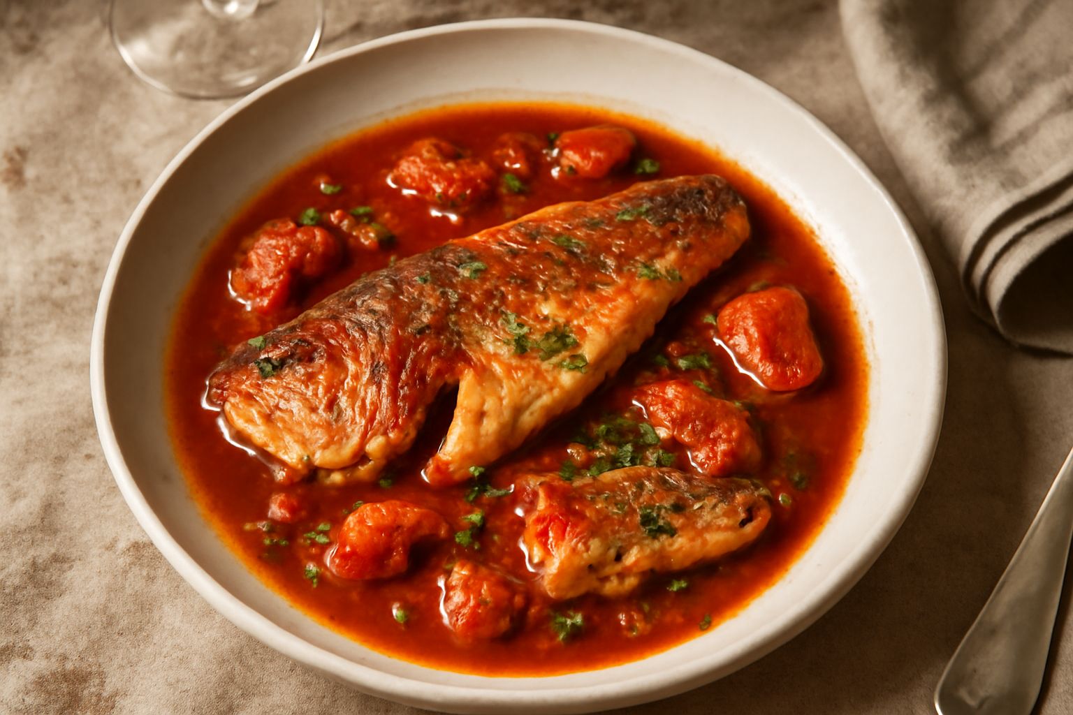 Scorfano intero rosso e grigio in un brodetto rosso brunastro con pomodori, prezzemolo fresco e fette di pane tostato in un piatto fondo di ceramica bianca