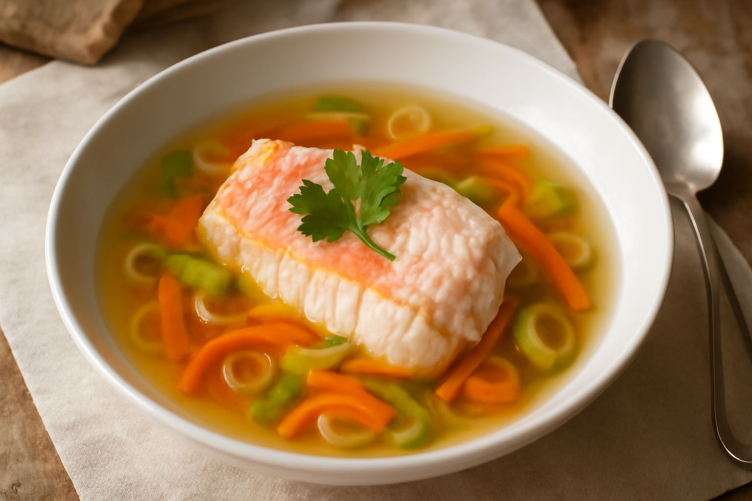 Scodella di ceramica bianca con brodo trasparente, filetto di scorfano bianco e rosato, gambi di sedano, carota a fette sottili, prezzemolo fresco, pepe nero macinato in superficie