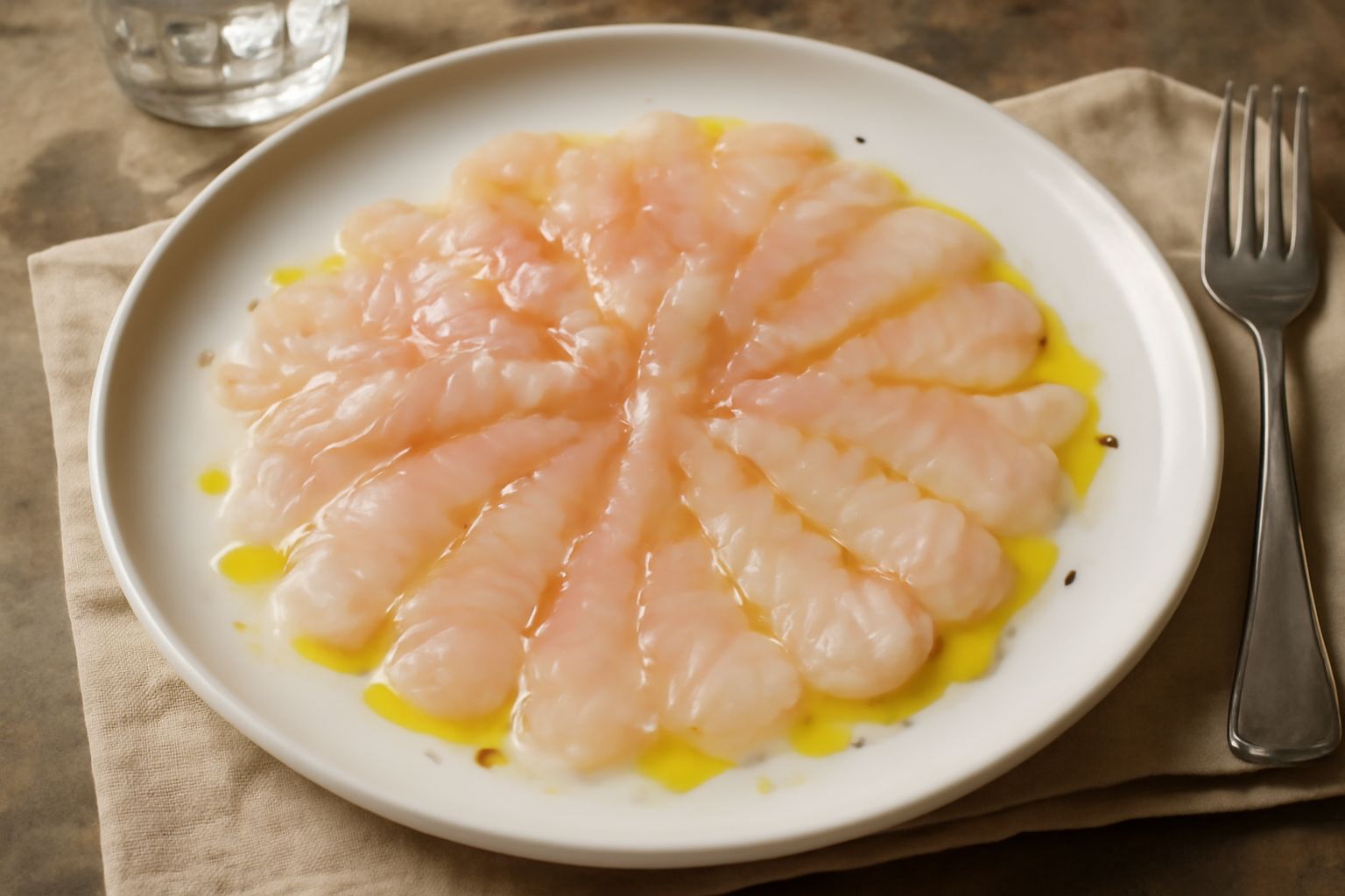 Piatto bianco con sottili fette di scorfano rosa pallido disposte a ventaglio, condite con gocce di olio verde, fettine di limone giallo, grani di sale marino grosso e una spruzzata di pepe nero macin