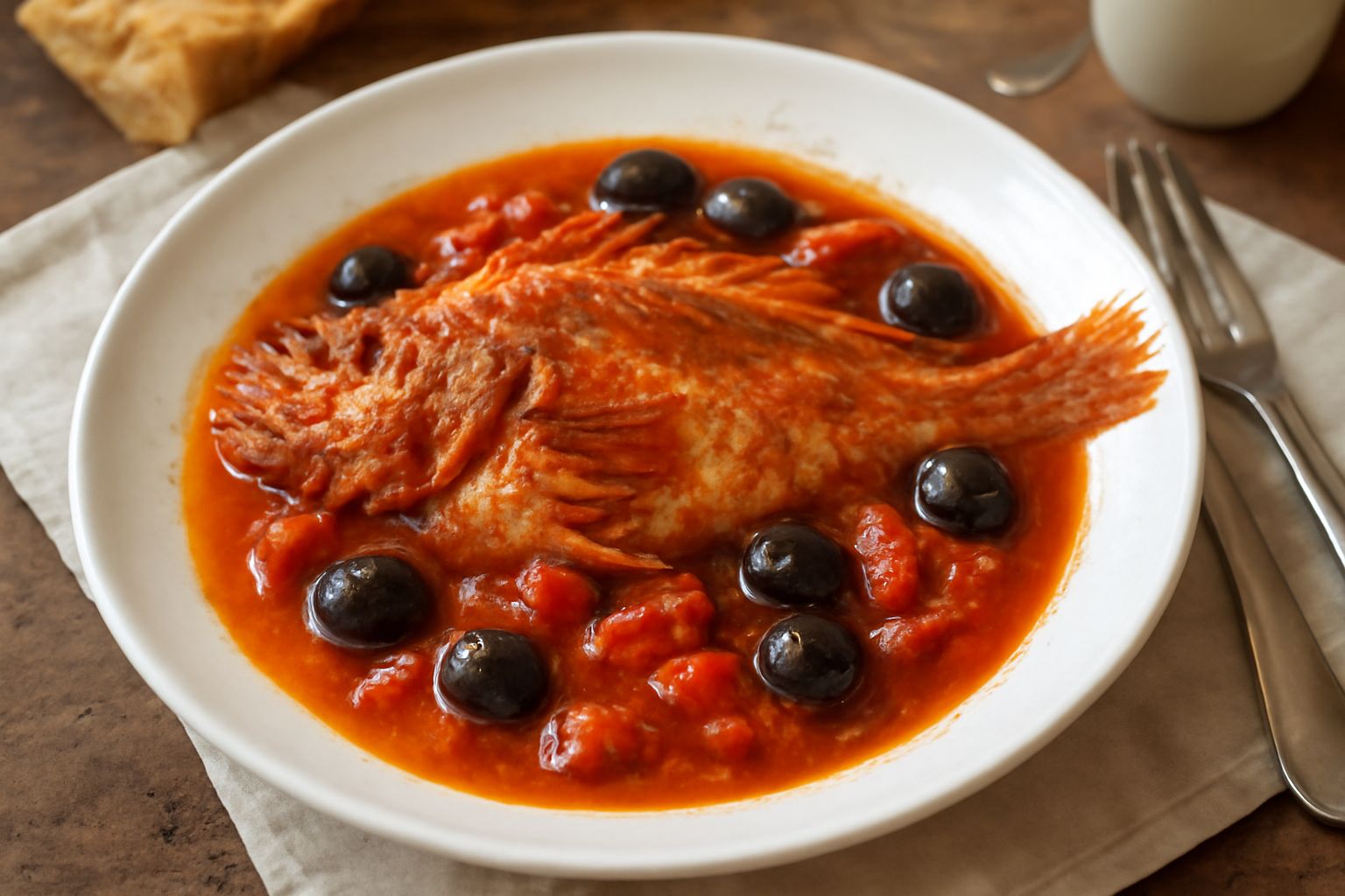 Piatto bianco con scorfano intero in umido circondato da salsa rossa con pomodori e olive nere, prezzemolo fresco sopra, contorno di pane tostato ai lati