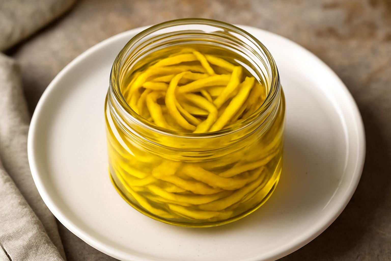 Barattolo di vetro con scorze di limone giallo vivo immerse in olio dorato trasparente, con gocce d'olio visibili sulle pareti del contenitore e un cucchiaio in legno accanto