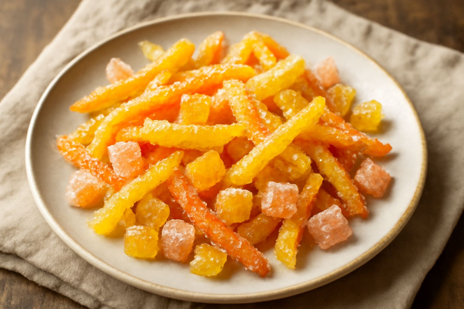 Scorze di limone, arancia e pompelmo candite, ricoperte di cristalli di zucchero bianco, disposte su un piatto bianco con una salsa di zucchero ancora umida e rilucente