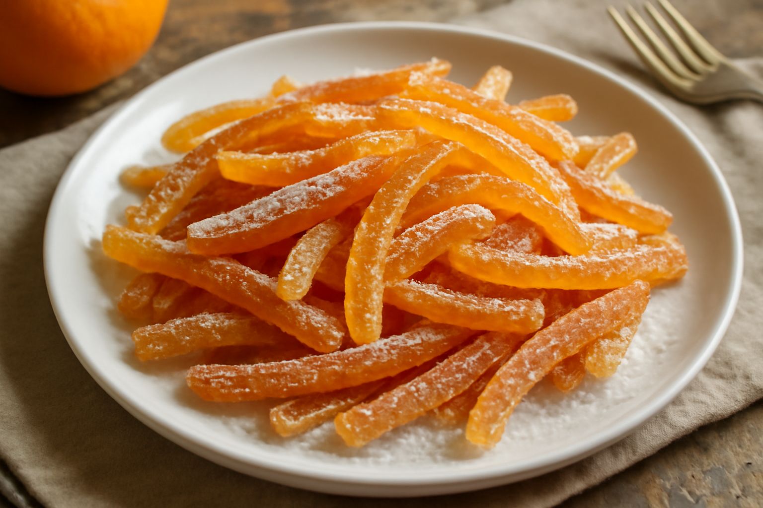 Scorze di arancia candite trasparenti e brillanti, coperte di zucchero bianco granuloso, disposte su una superficie di legno chiaro con arance fresche intere sullo sfondo