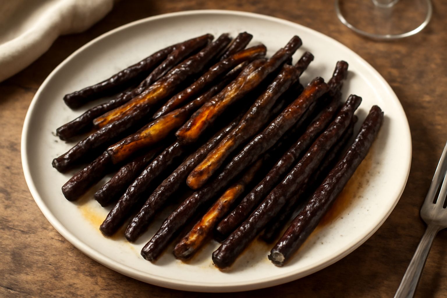 Scorzonere dorate e croccanti su una teglia da forno, oleate e salate, con buccia scura caramellata e interno tenero, contorno in piatto bianco con olio d'oliva
