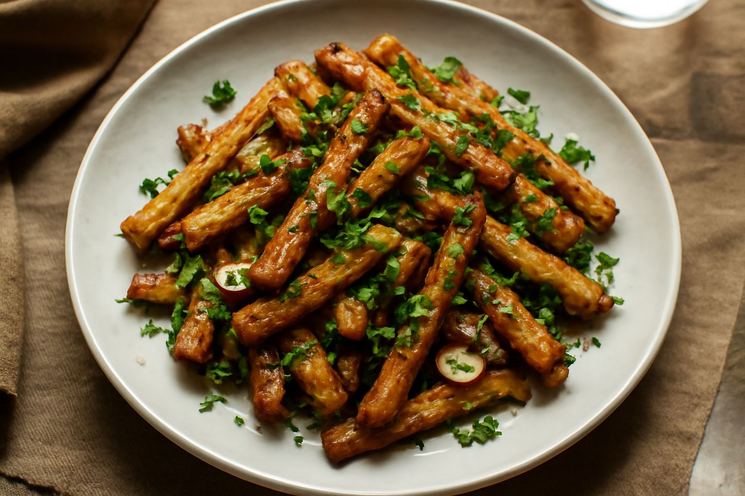 Scorzonera trifolata in bianco piatto di ceramica, pezzi dorati e croccanti conditi con aglio e prezzemolo verde, olio lucido visibile, contorno su fondo scuro