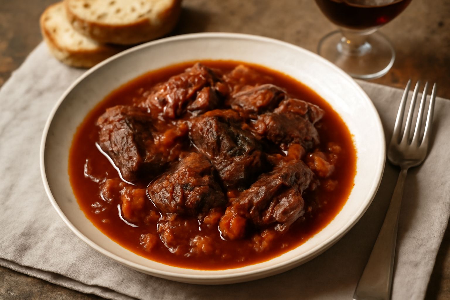 Una pentola di scottiglia con pezzetti di cacciagione marrone scuro e verdure rosse in umido, con vapore che sale, contornata da erbe aromatiche fresche e un cucchiaio di legno