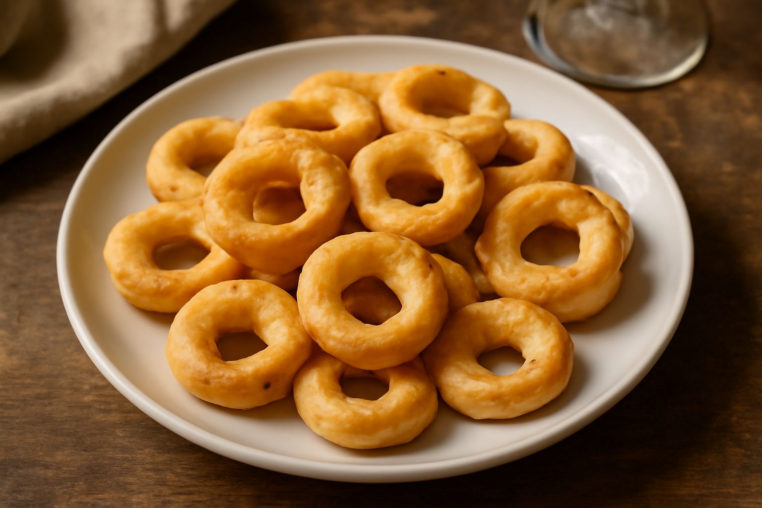 Scrocchiarelle dorate e croccanti disposte su un piatto bianco, con il loro caratteristico colore ambrato e forma a ciambelline leggere, in primo piano due biscotti spezzati per mostrare la friabilità