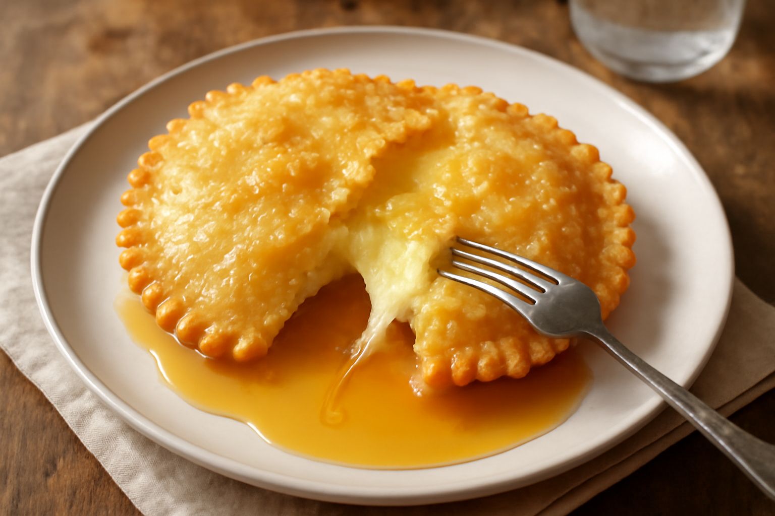 Seadas dorate e croccanti disposte nel piatto, cosparse di miele ambrato caldo che cade dai bordi, formaggio filante visibile dal taglio, contorno di miele accumulato nel fondo del piatto