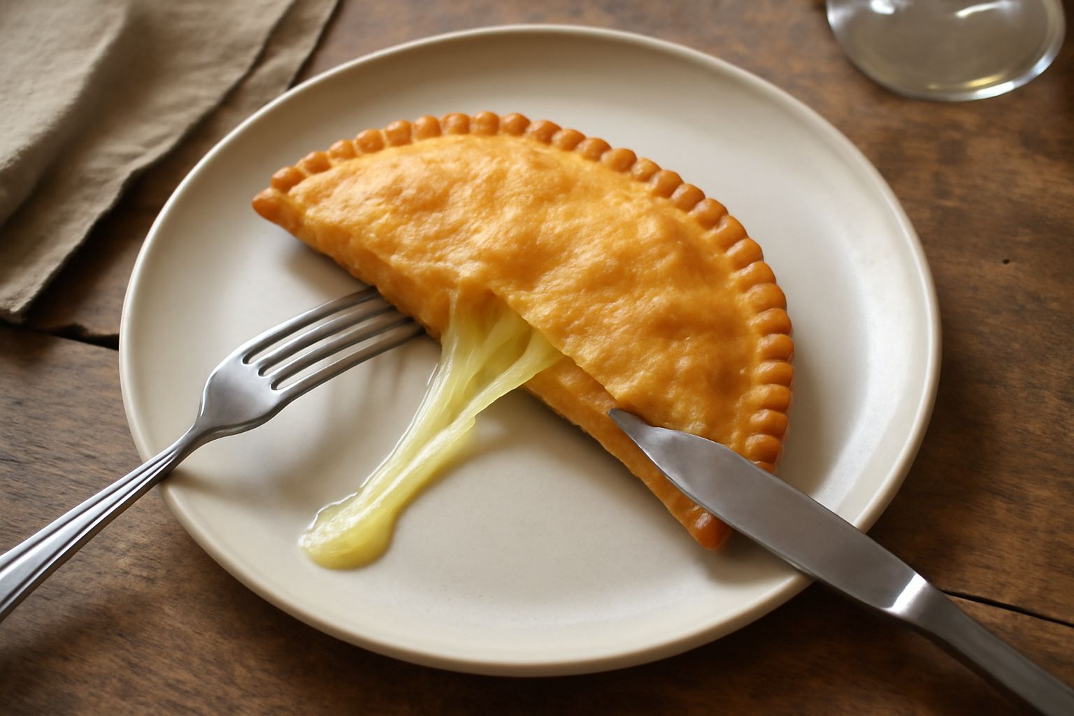Sebada sarda tagliata a metà su piatto bianco, con formaggio filante caldo e miele scuro versato sopra, sfoglia dorata e croccante, vapore caldo che sale dal ripieno