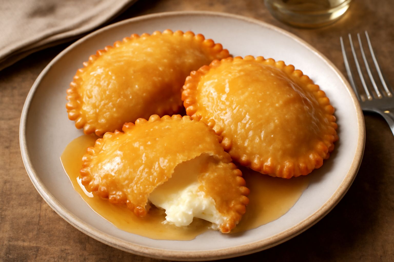 Due sebadas dorate e croccanti su piatto bianco, ricoperte di miele ambrato caldo che cola sui bordi, formaggio filante visibile dal taglio, accompagnate da una ciotola di miele a lato