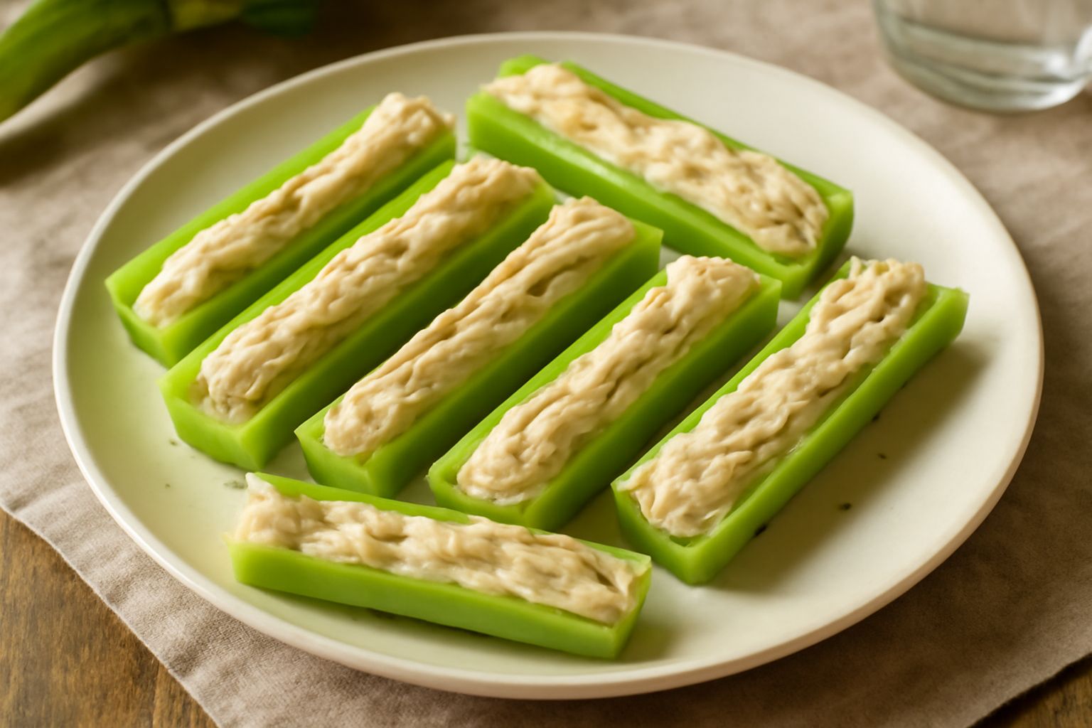 Bastoncini di sedano verde chiaro, tagliati netti, disposti su un piatto bianco con ripieno di formaggio cremoso beige, guarniti con prezzemolo fresco e paprica rosso acceso, contorno di sedano intero