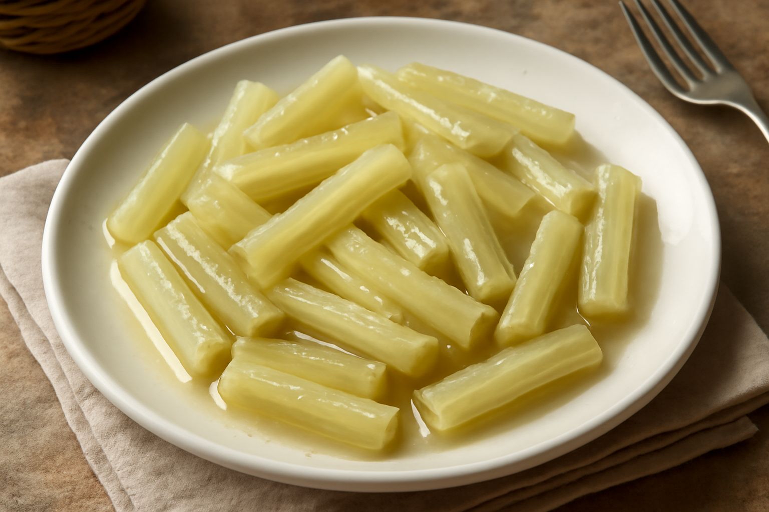 Bastoncini di sedano bianco e verde disposti in una ciotola di ceramica, glossati da una marinata agrodolce trasparente, guarniti con semi di sesamo e un filo di peperoncino rosso
