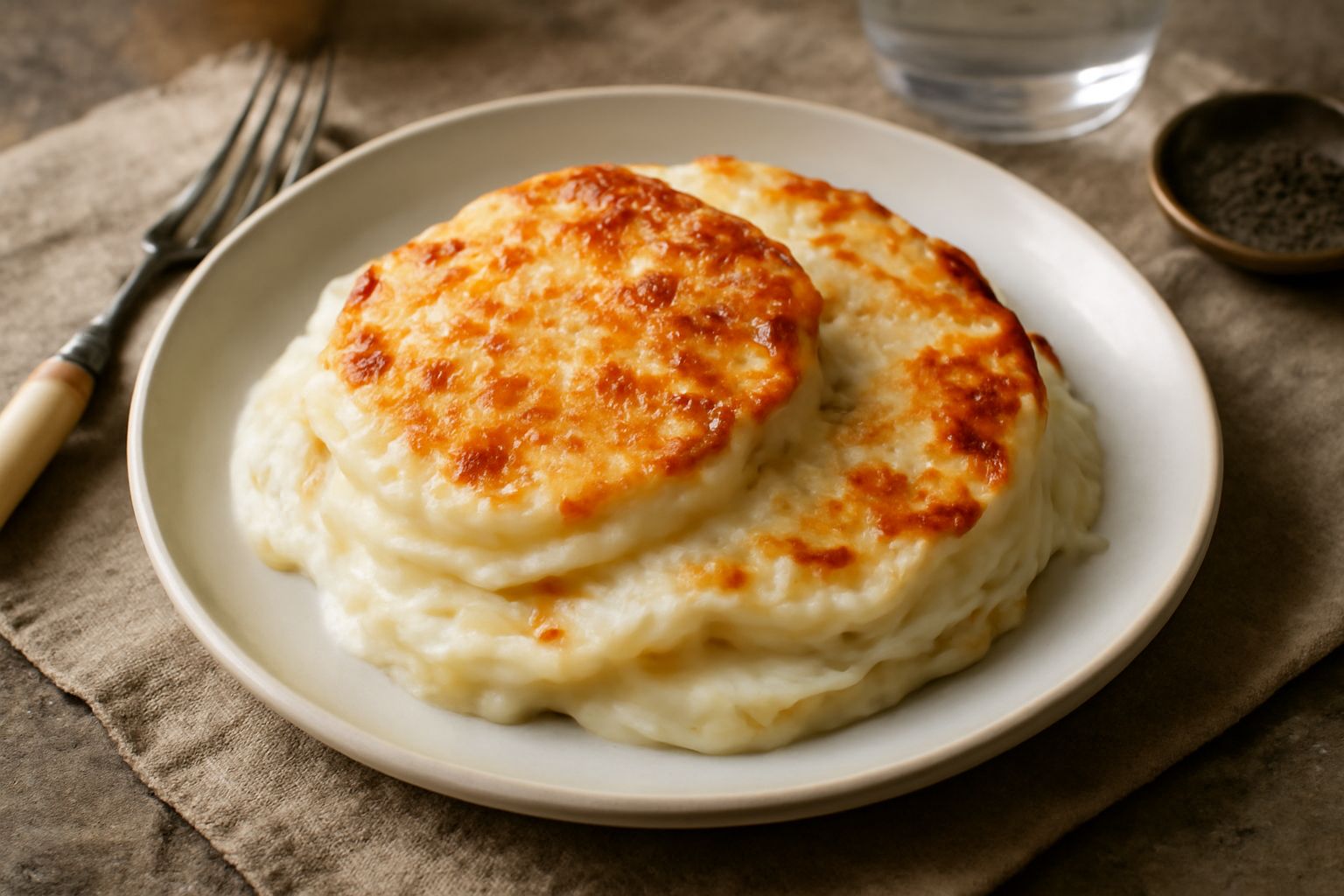 Piatto di sedano rapa gratinato con superficie dorata e croccante, strati di radice bianca e crema biancastra, decorato con prezzemolo fresco, in una piastra da forno in terracotta