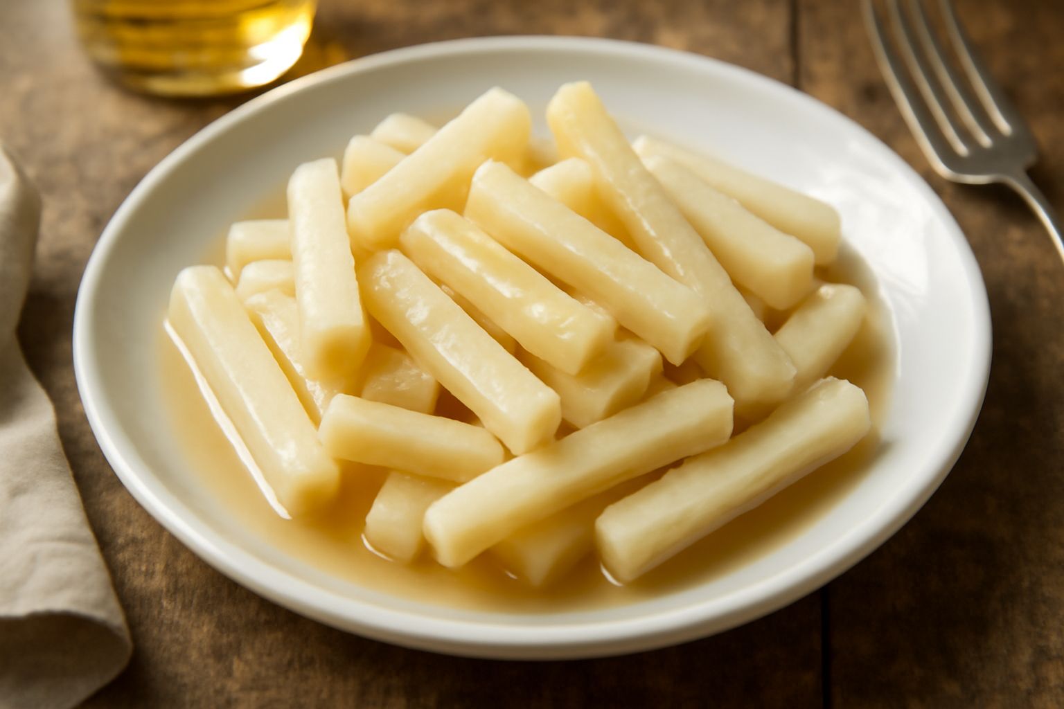 Barattolo di vetro con sedano rapa affettato in fettine bianche translucide immerse in liquido trasparente, accompagnato da bastoncini di sedano rapa crudo su un piatto bianco